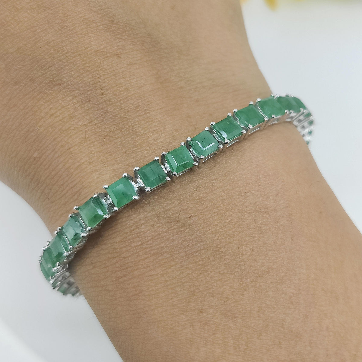 Natural Square Emerald Bracelet-925 Sterling Silver Jewelry-May Birthstone-Gemstone Tennis Bracelet-Green Emerald Jewelry-Gift for Birthday