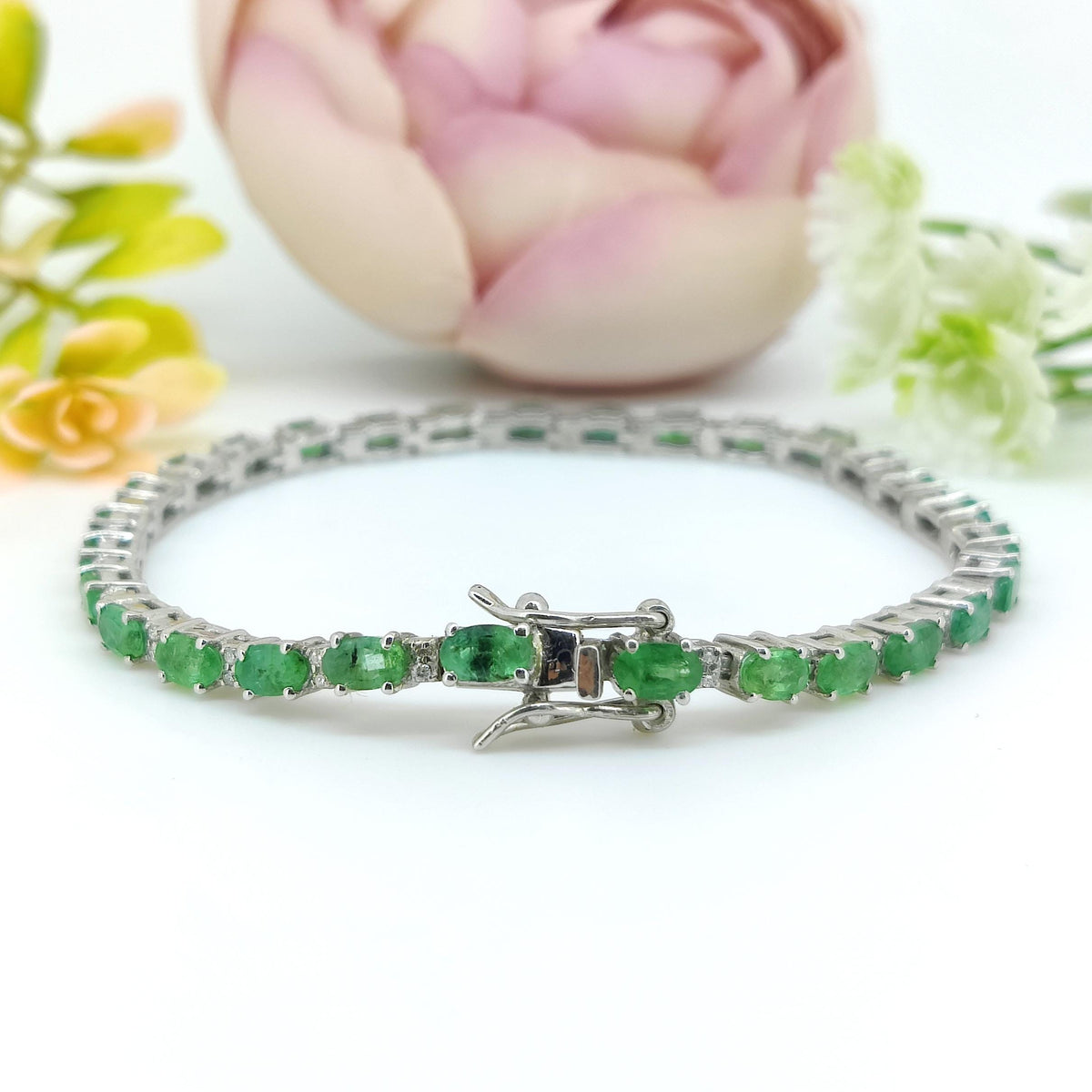 Natural Emerald Gemstone Bracelet-925 Sterling Silver Jewelry-Diamond Tennis Bracelet-May Birthstone-Green Emerald Jewelry-Gift for wife