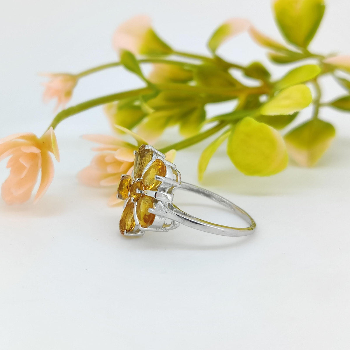 Natural Citrine Flower Ring-925 Sterling Silver Jewelry-November Birthstone-Yellow Citrine Jewelry