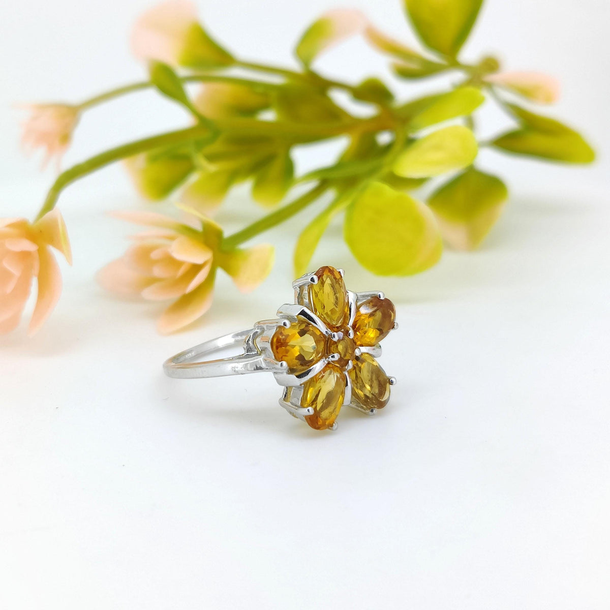 Natural Citrine Flower Ring-925 Sterling Silver Jewelry-November Birthstone-Yellow Citrine Jewelry