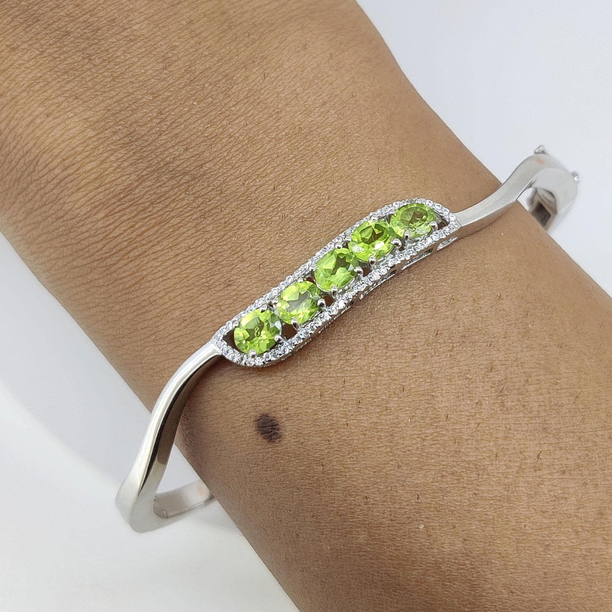 Dainty Peridot & CZ Bangle, 925 Sterling Silver, Unique Bridesmaid Jewelry