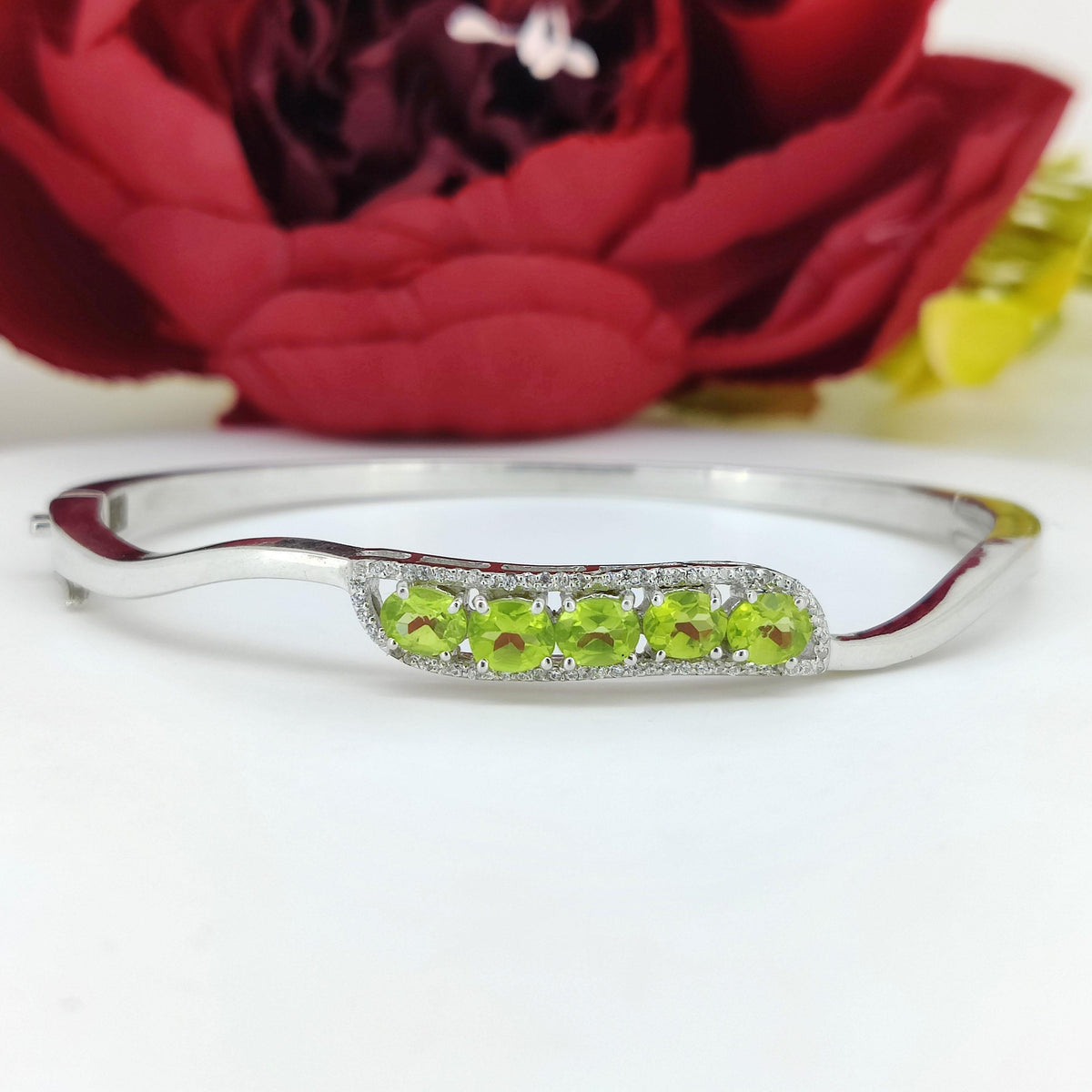Dainty Peridot & CZ Bangle, 925 Sterling Silver, Unique Bridesmaid Jewelry