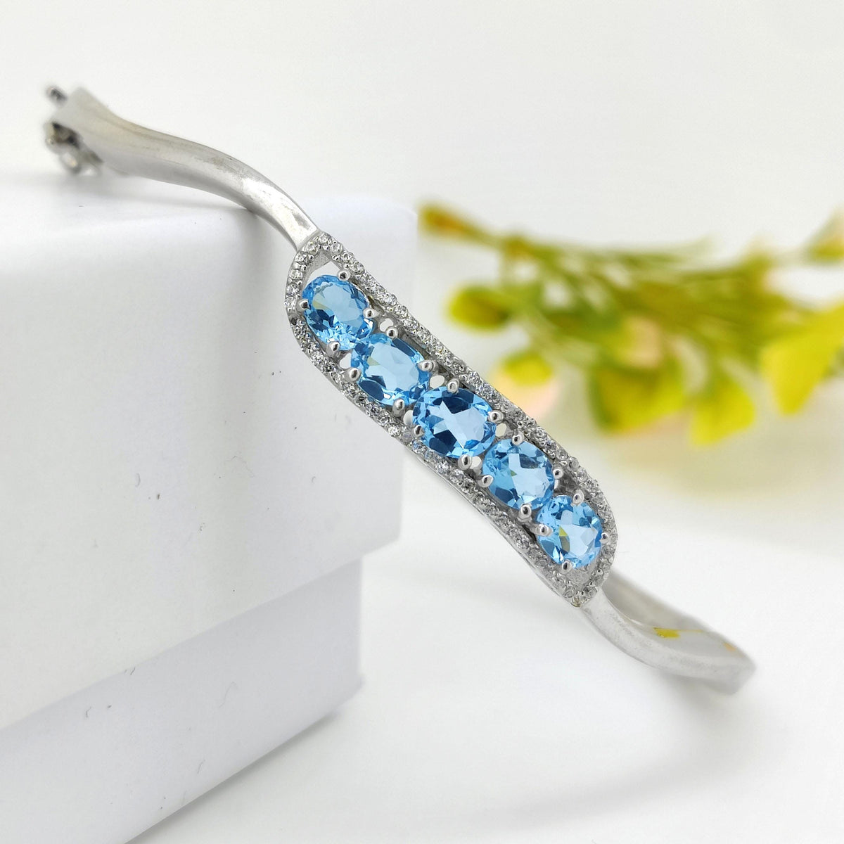Swiss Blue Topaz Bangle: Sterling Silver, Cubic Zirconia Cluster