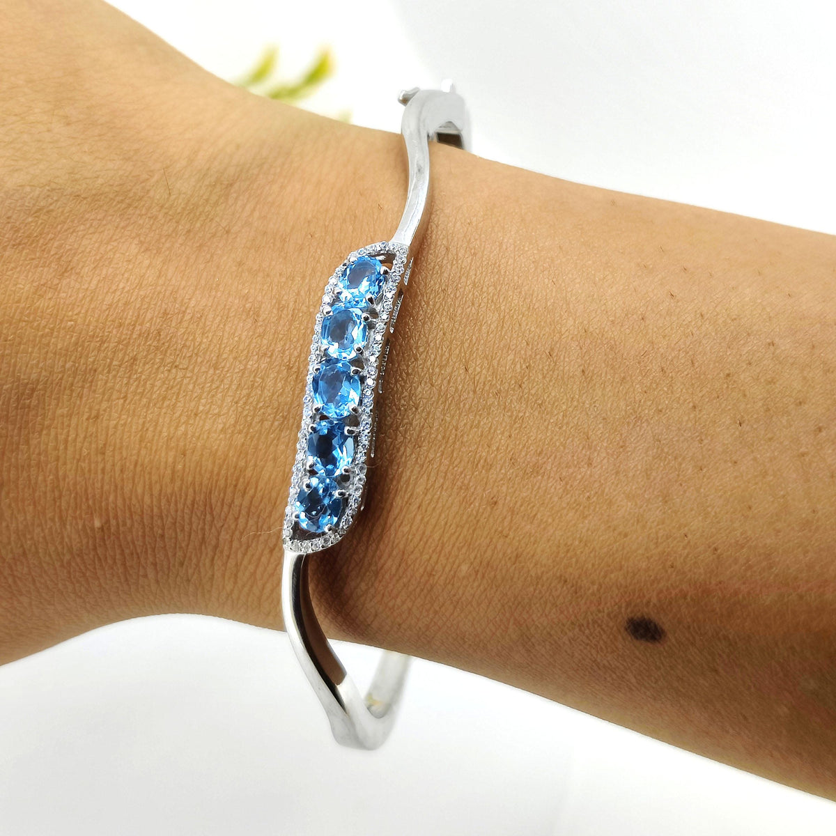 Swiss Blue Topaz Bangle: Sterling Silver, Cubic Zirconia Cluster