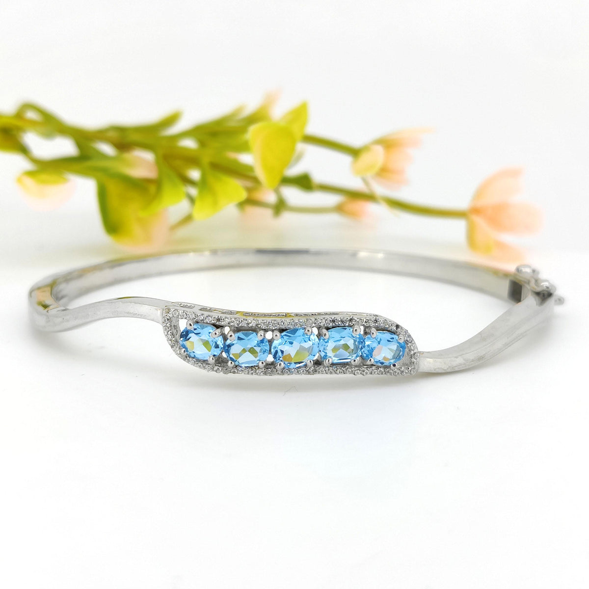 Swiss Blue Topaz Bangle: Sterling Silver, Cubic Zirconia Cluster