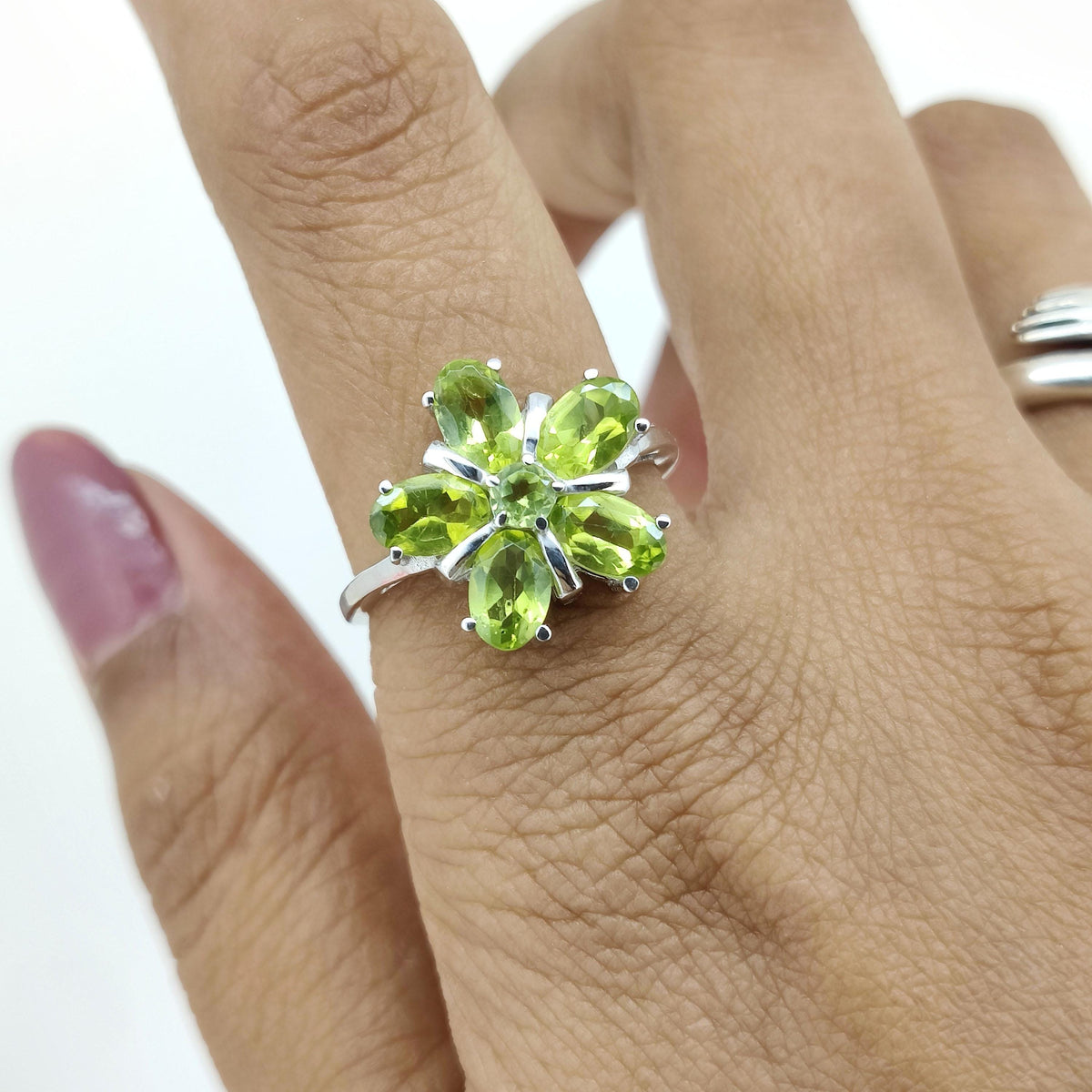 Natural Peridot Flower Ring-925 Sterling Silver -Oval Gemstone-August Birthstone Jewelry