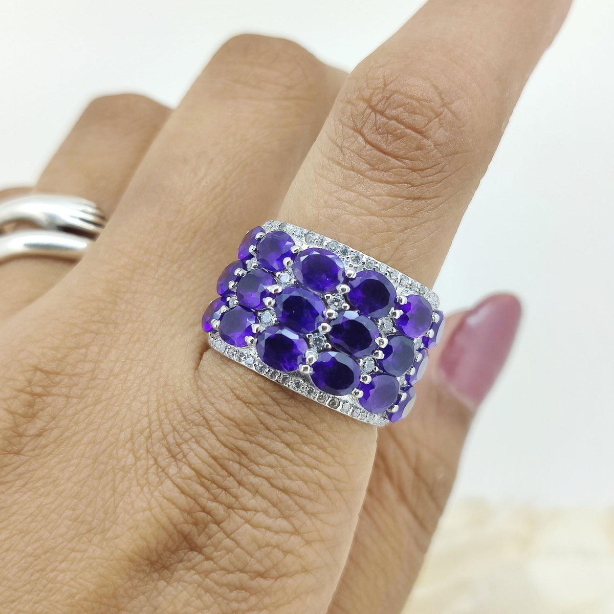 Natural African Amethyst Ring-925 Sterling Silver-Oval Gemstone Ring-February Birthstone Jewelry-Cubic Zircon-Purple Amethyst Jewelry Gift