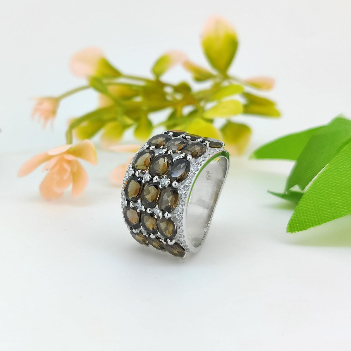 Smoky Quartz Sterling Silver Ring: Half Eternity Gemstone Band