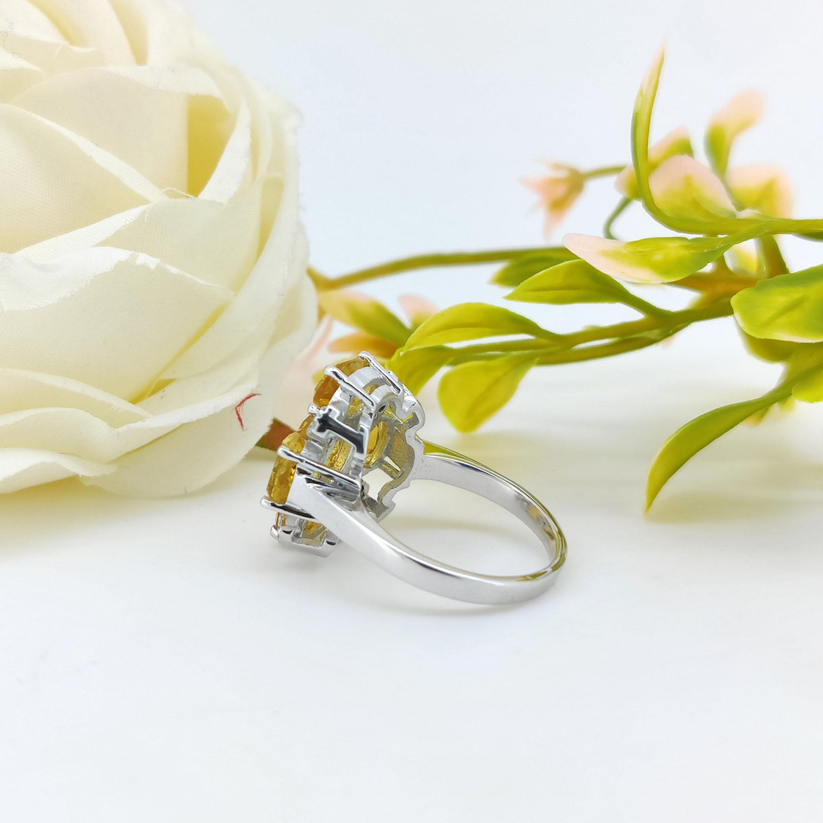 Natural Citrine Flower Ring-925 Sterling Silver Jewelry-November Birthstone-Citrine Jewelry