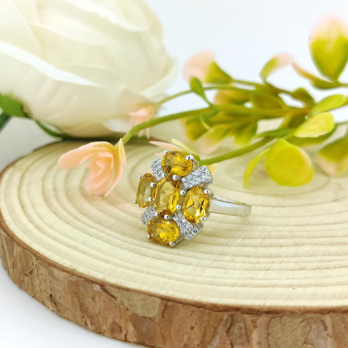 Natural Citrine Flower Ring-925 Sterling Silver Jewelry-November Birthstone-Citrine Jewelry