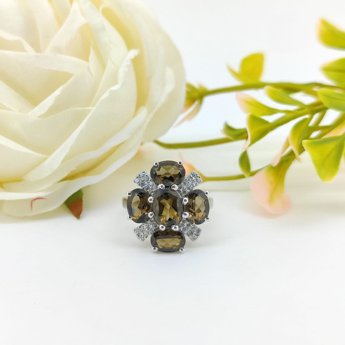 Smoky Quartz Flower Ring: Sterling Silver Gemstone, June Birthstone