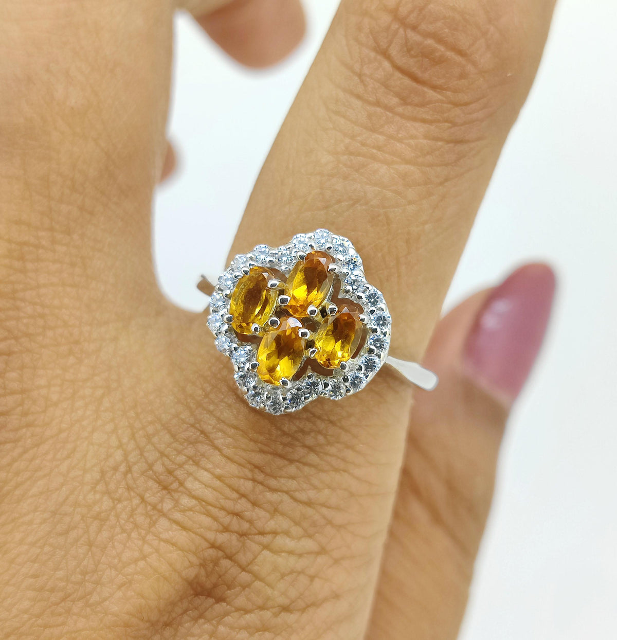 Natural Citrine Ring-Oval Cut Gemstone-925 Sterling Silver Flower Ring-November Birthstone-Yellow Citrine Jewelry-Gift for Engagement