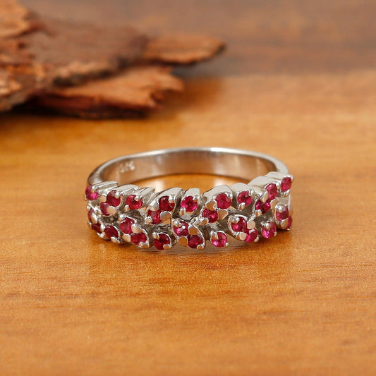 Ruby Half Eternity Ring Sterling Silver, Minimalist Stacking Band Gift for women
