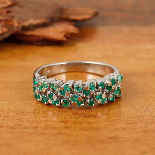 Emerald Silver Half Eternity Ring, May Birthstone Stackable Band