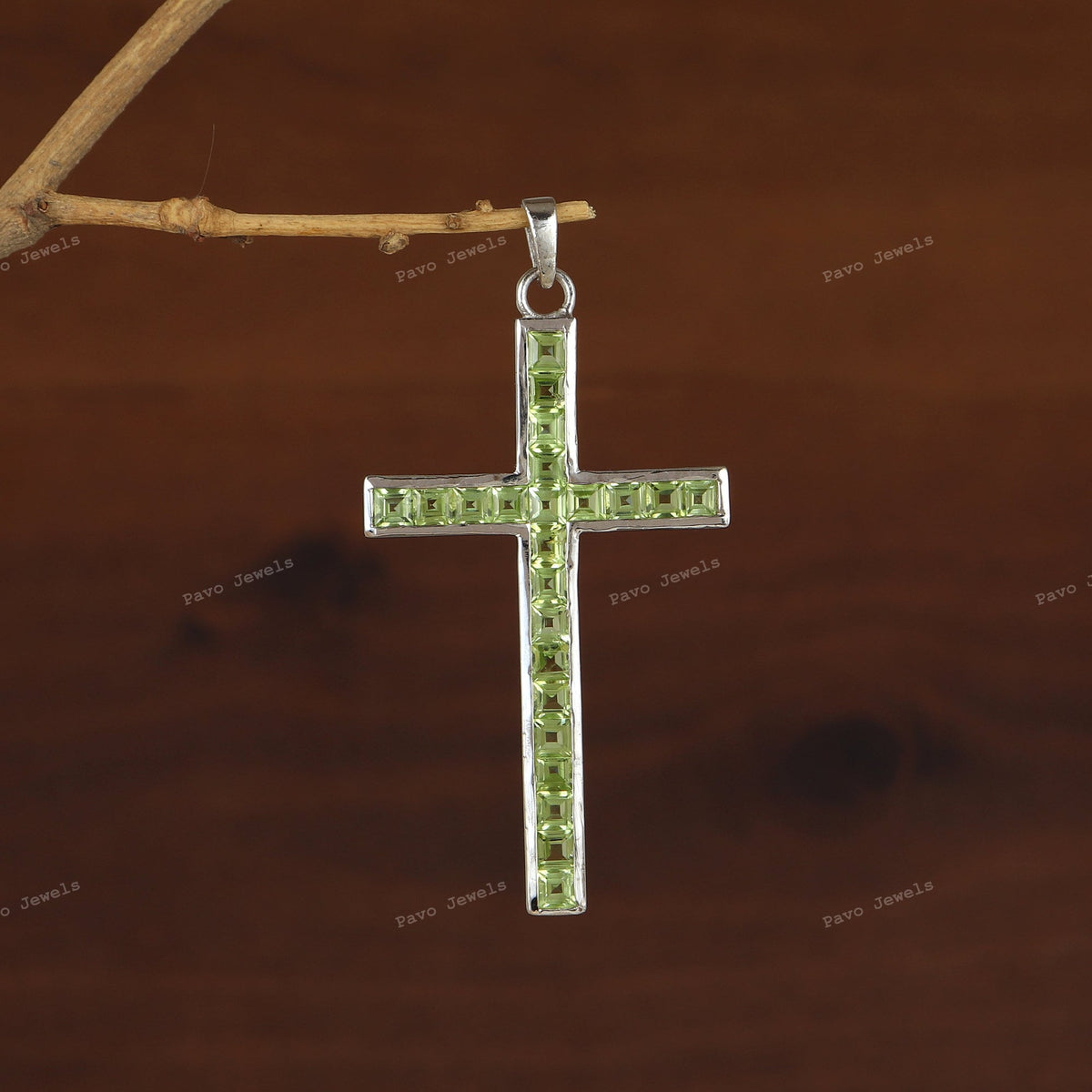 Peridot Cross Pendant: Square August Birthstone, 925 Sterling Silver