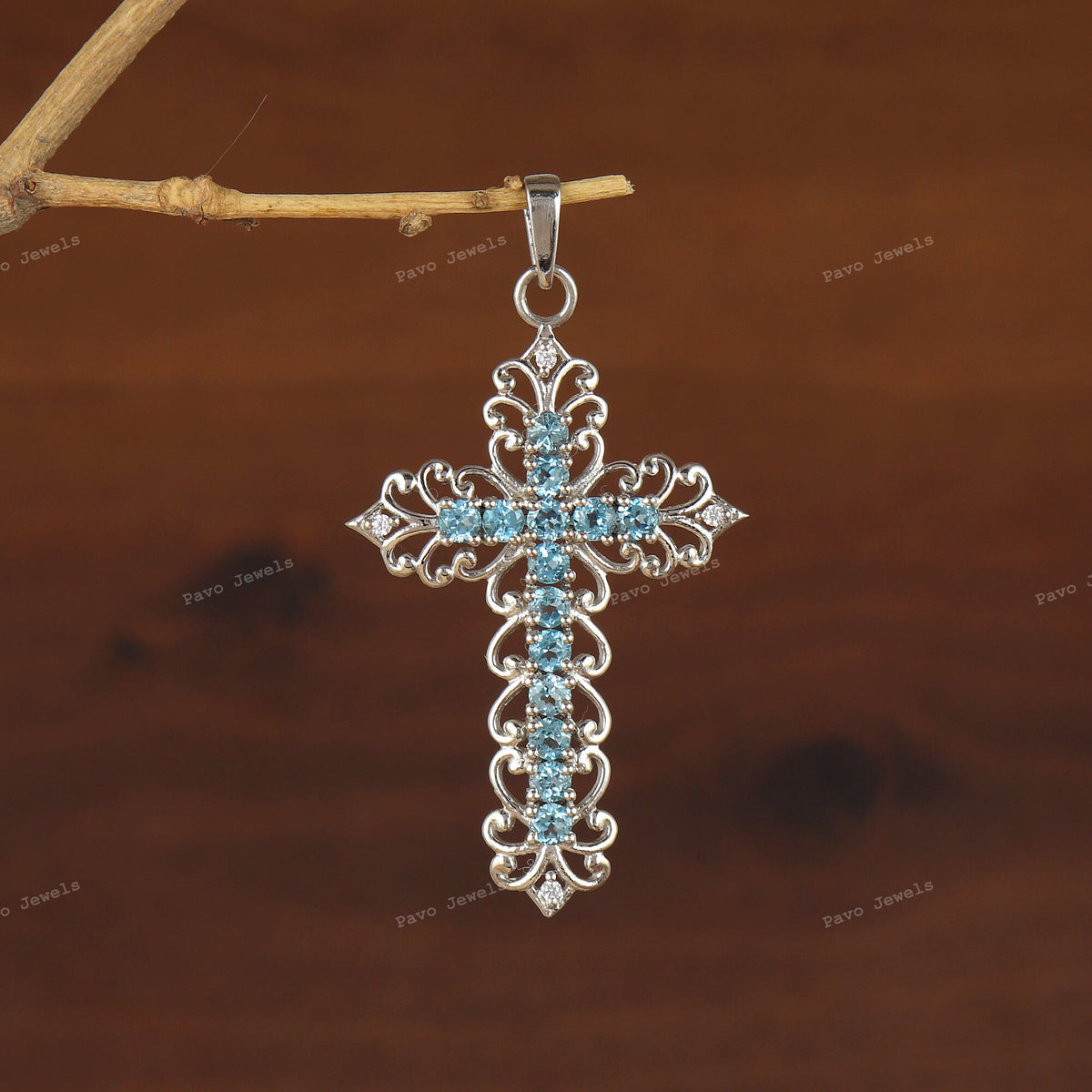 Dainty Swiss Blue Topaz Cross Necklace, 925 Silver Crucifix Pendant, Christian Jewelry