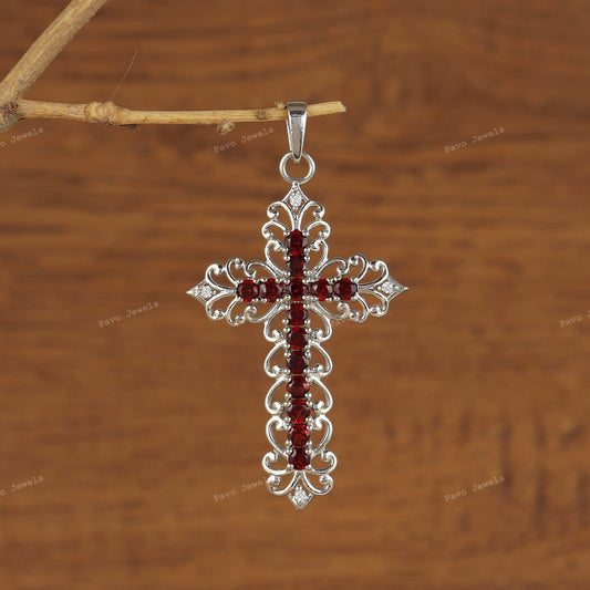 Garnet Cross Necklace Silver, January Birthstone Jewelry, Religious Gift for Women