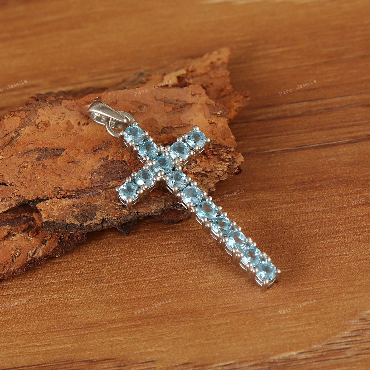 Natural Swiss Blue Topaz Cross Pendant, Sterling Silver, December Birthstone Jewelry