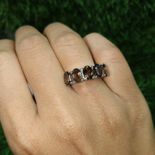 Smoky Quartz Sterling Silver Ring: Faceted Garnet & Citrine Accent