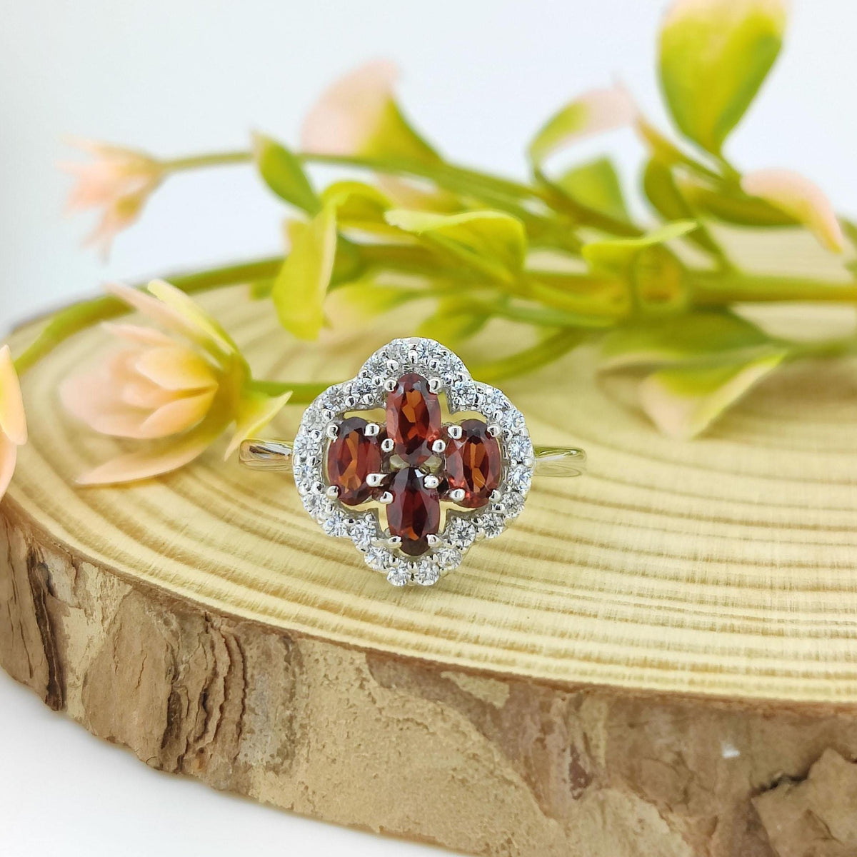 Garnet Flower Ring: Sterling Silver January Birthstone Jewelry
