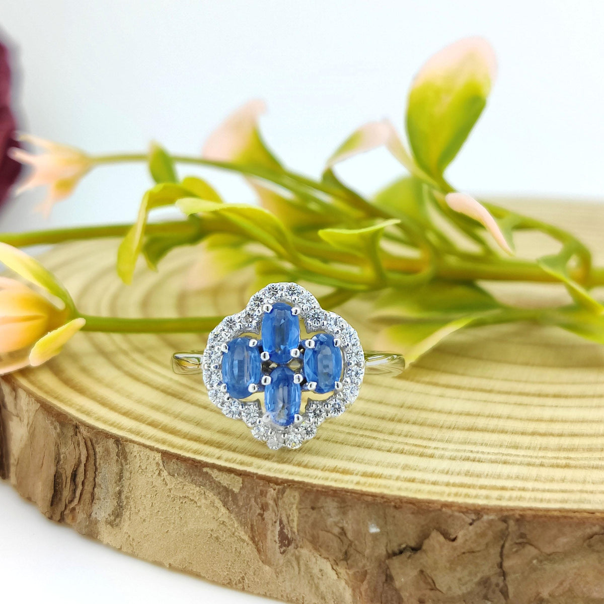 Natural Kyanite Gemstone Ring-925 Sterling Silver-Gemstone Cluster Ring-Cubic Zircon-September Birthstone-Oval Kyanite Jewelry-Gift for wife