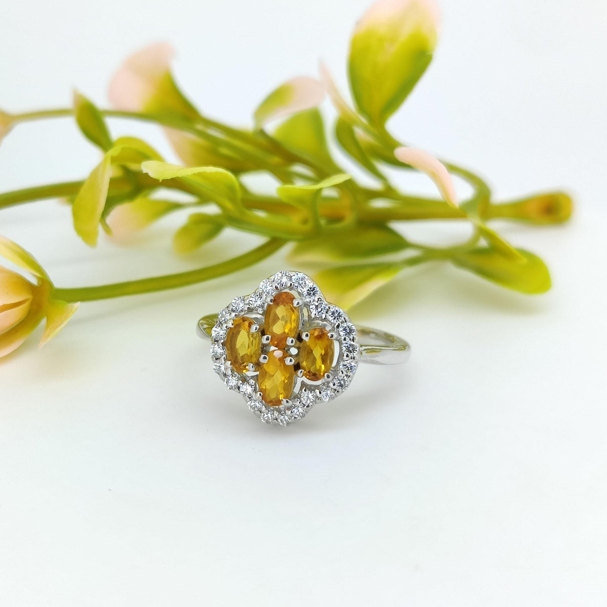 Natural Citrine Ring-Oval Cut Gemstone-925 Sterling Silver Flower Ring-November Birthstone-Yellow Citrine Jewelry-Gift for Engagement