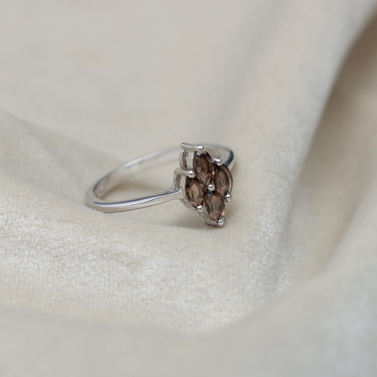 Natural Smoky Quartz Marquise Ring, Sterling Silver Anniversary Band (June Birthstone)