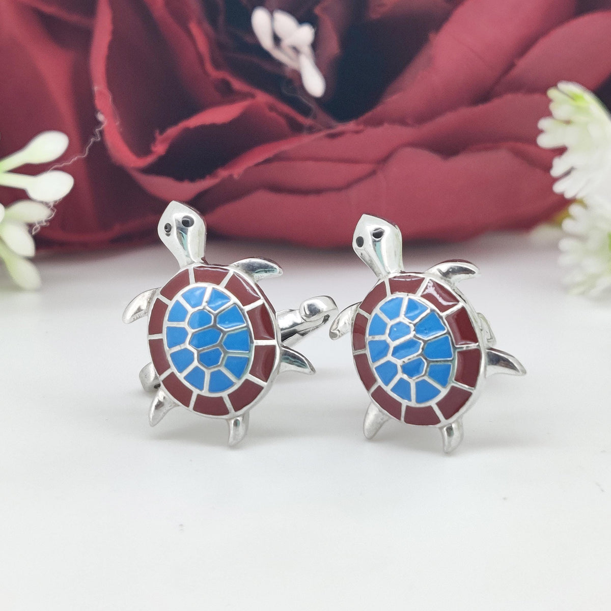 Sterling Silver Turtle Enamel Cufflinks, Formal Men's Wear Accessories