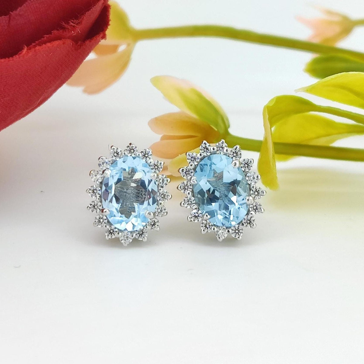 Genuine "Blue Topaz" Stud Earring-Gemstone Cluster Earring-Blue Topaz Jewelry-Cubic Zircon-925 Sterling Silver-December Birthstone Jewelry