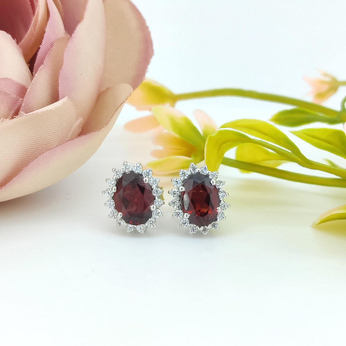 Oval Garnet Stud Earrings: Red Gemstone, Sterling Silver, January Birthstone