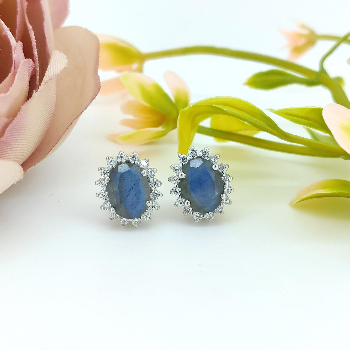 Natural Labradorite Stud Earring-925 Sterling Silver-Oval Labradorite-Blue Fire Gemstone Jewelry-February Birthstone Earrings-Gift for wife