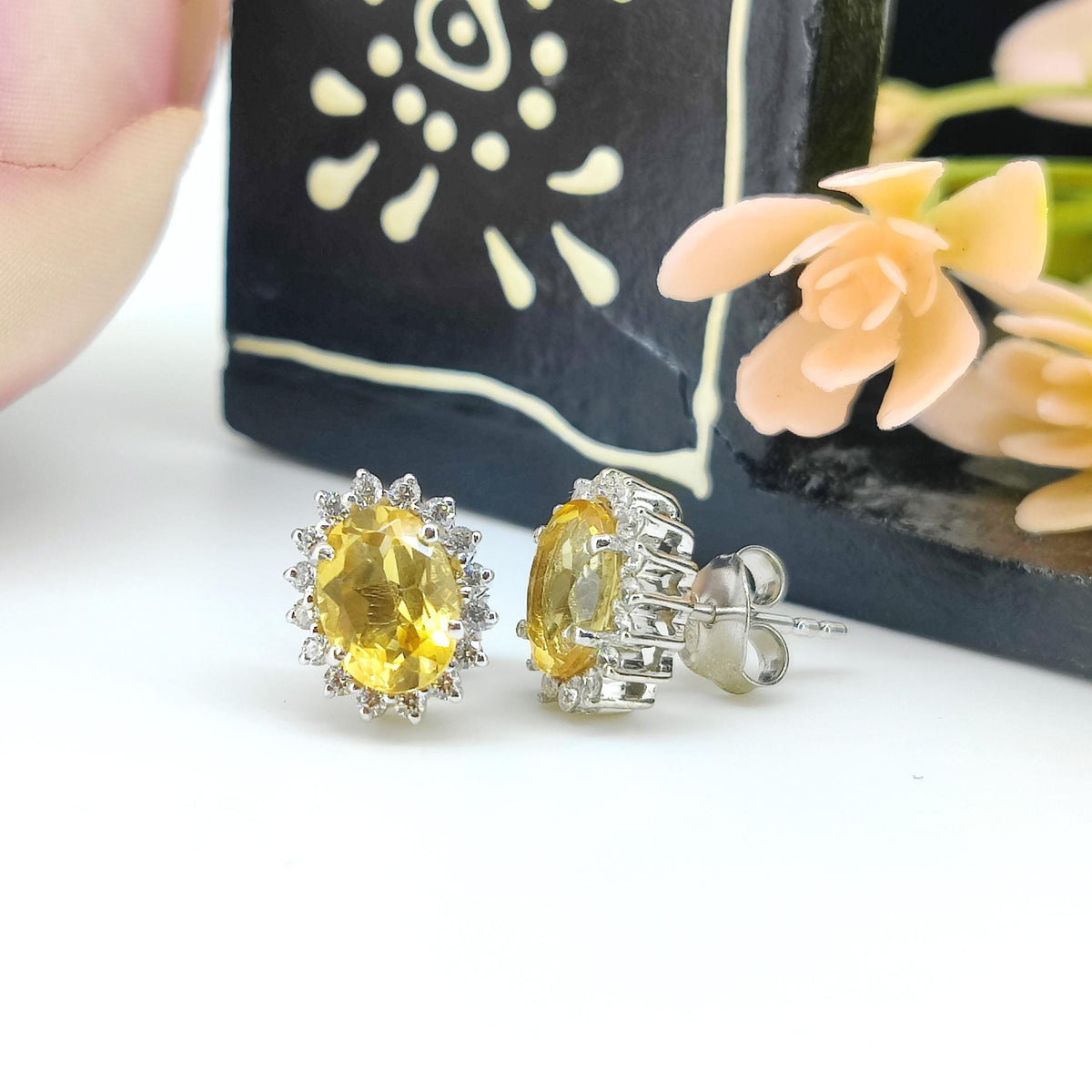 Natural Citrine Stud-925 Sterling Silver-Oval Gemstone-Cubic Zircon Cluster Earring-November Birthstone Jewelry-Yellow Citrine Jewelry Gift