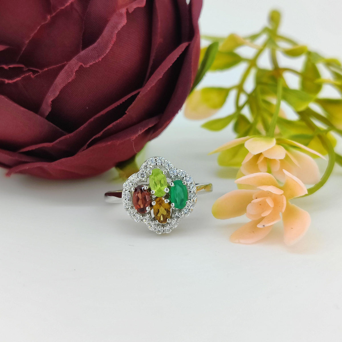 Natural Multi Gemstone Ring-925 Sterling Silver-Cluster Ring-Birthstone Jewelry-Multi Stone Engagement Ring-Anniversary Gift for wife