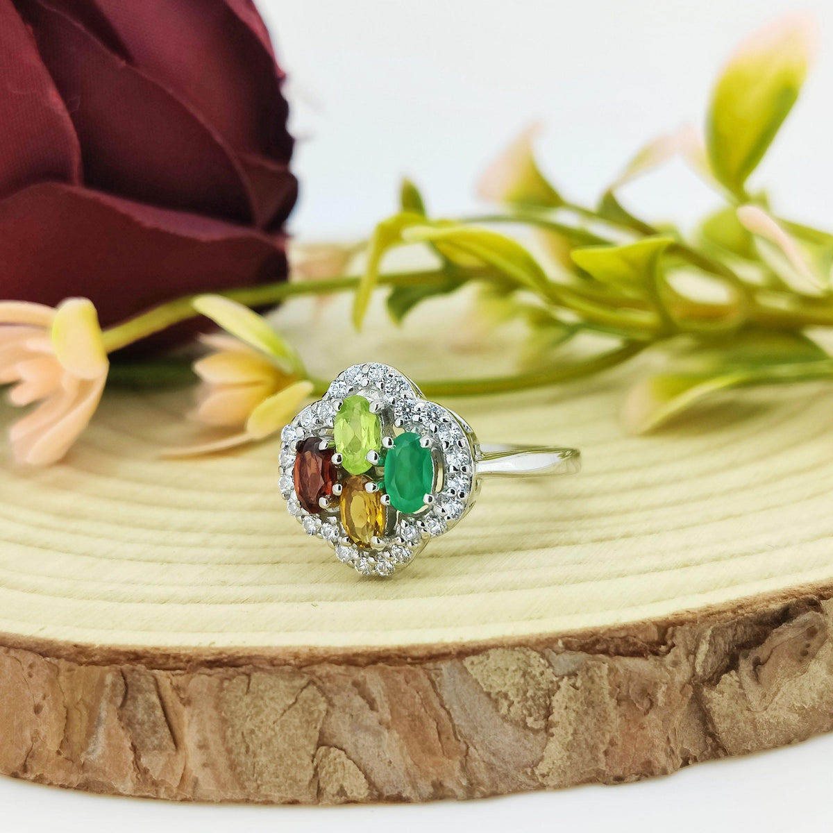Natural Multi Gemstone Ring-925 Sterling Silver-Cluster Ring-Birthstone Jewelry-Multi Stone Engagement Ring-Anniversary Gift for wife