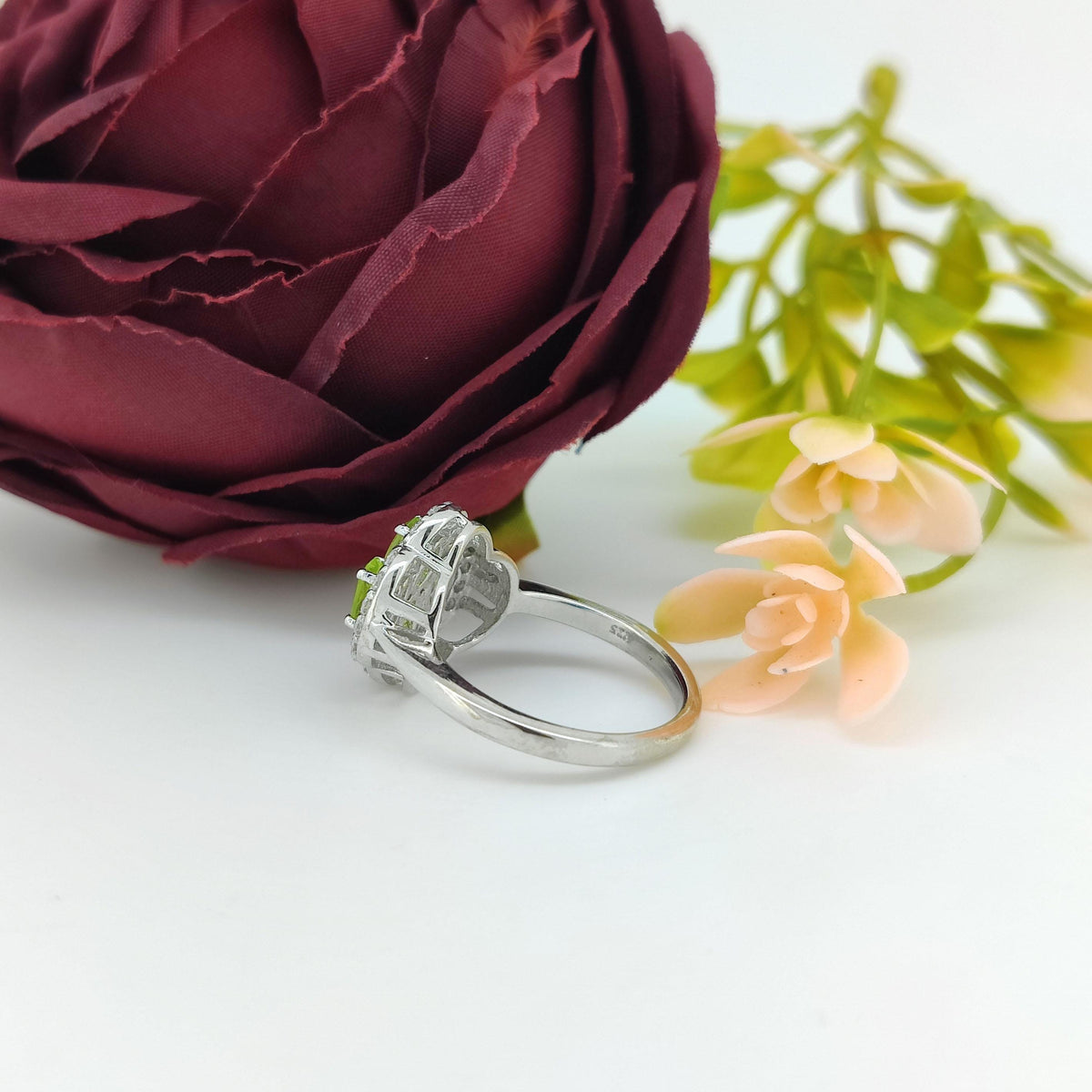 Peridot Cluster Ring: Oval Green Gemstone, Sterling Silver, August Birthstone
