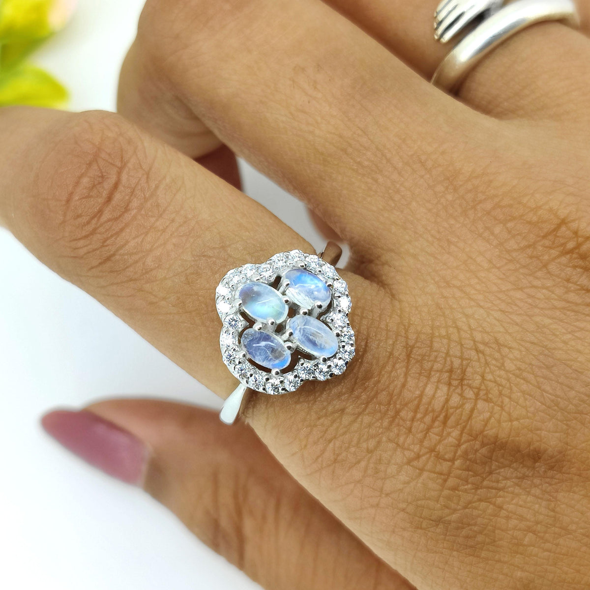 Natural Rainbow Moonstone Gemstone Ring-925 Sterling Silver-Gemstone Cluster Ring-Cubic Zircon-June Birthstone-Oval Moonstone Jewelry Gift