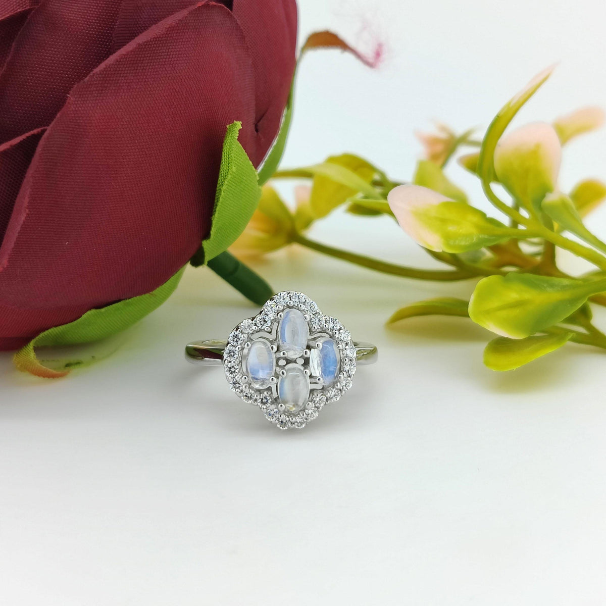 Natural Rainbow Moonstone Gemstone Ring-925 Sterling Silver-Gemstone Cluster Ring-Cubic Zircon-June Birthstone-Oval Moonstone Jewelry Gift