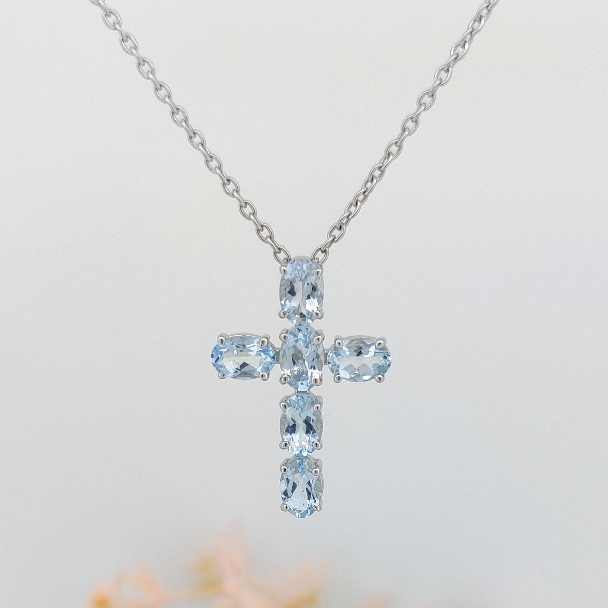 Aquamarine Cross Pendant: Sterling Silver March Birthstone Jewelry