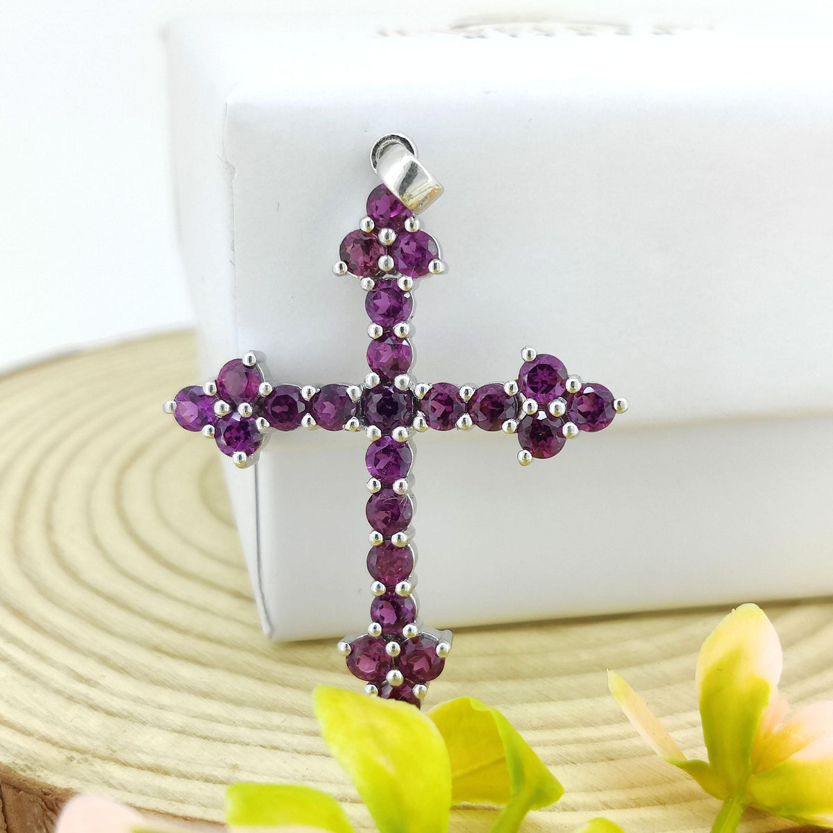 Natural Rhodolite Garnet Cross Pendant-925 Sterling Silver Jewelry-Round Gemstone-Holy Cross Pendant-January Birthstone-Gift for engagement