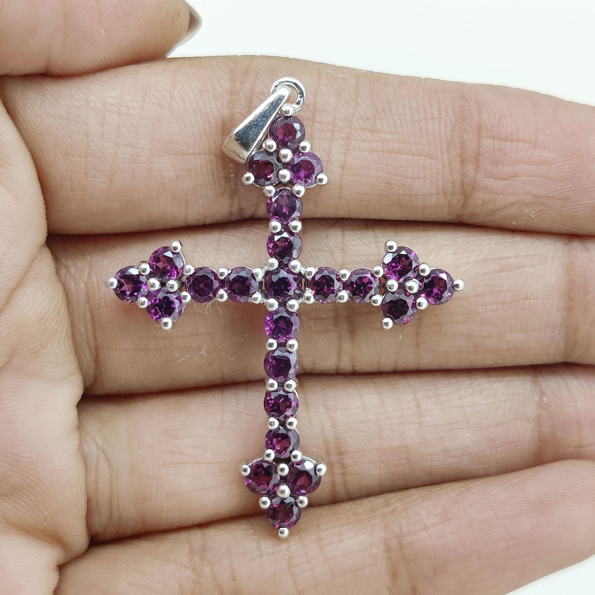 Natural Rhodolite Garnet Cross Pendant-925 Sterling Silver Jewelry-Round Gemstone-Holy Cross Pendant-January Birthstone-Gift for engagement