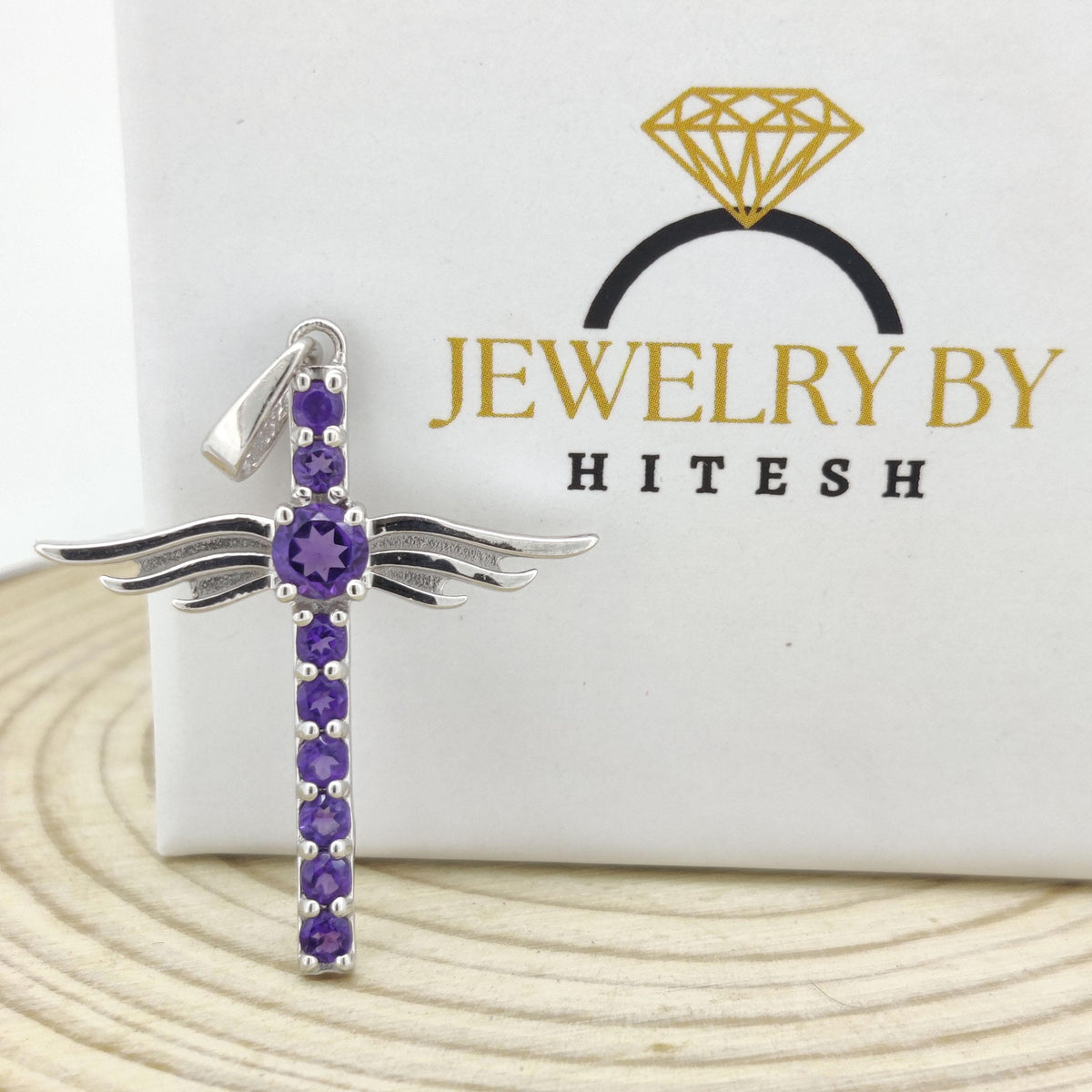 Natural Amethyst Cross Pendant-925 Sterling Silver Jewelry-February Birthstone-Gemstone Feather Pendant-Handmade Jewelry-Gift for Wedding