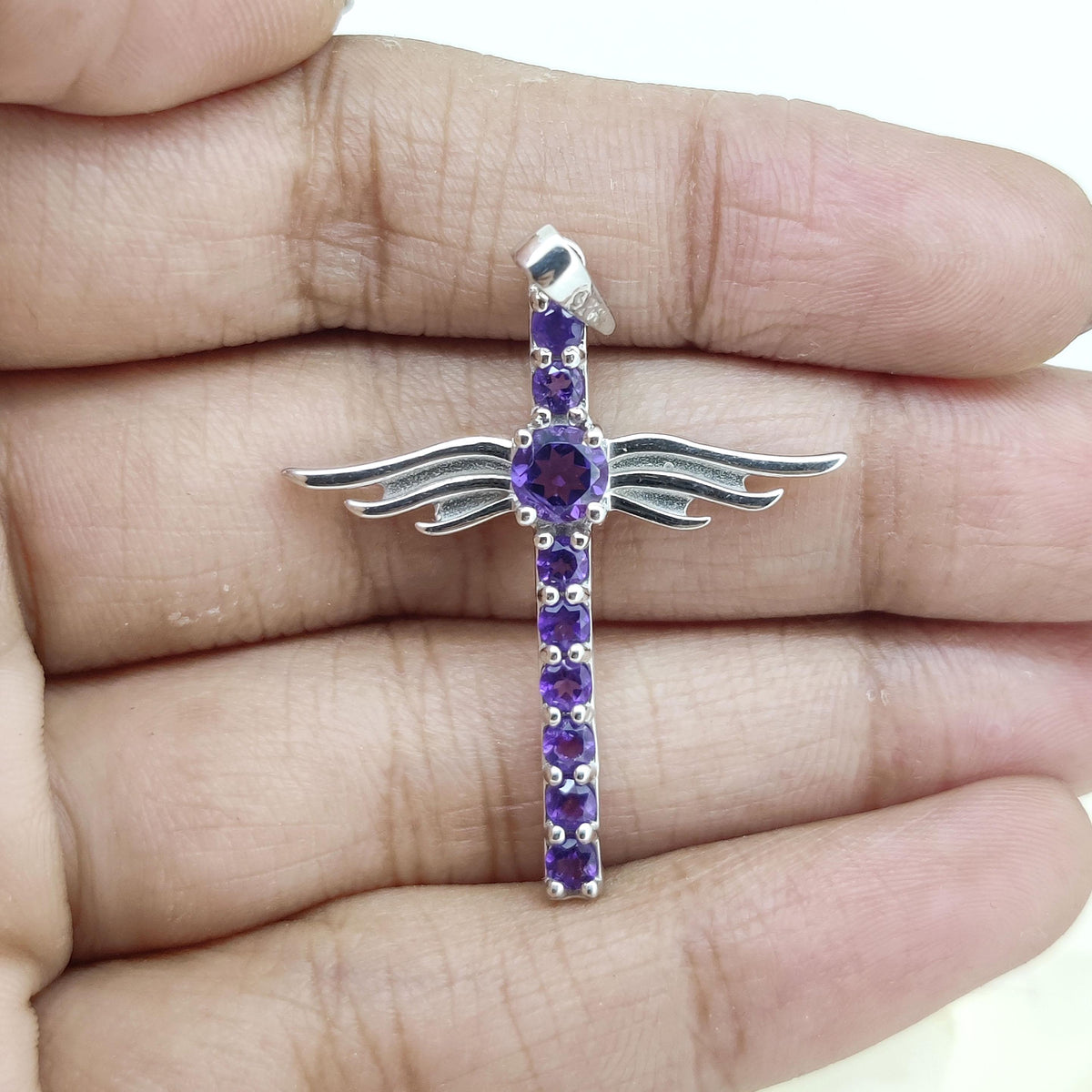 Natural Amethyst Cross Pendant-925 Sterling Silver Jewelry-February Birthstone-Gemstone Feather Pendant-Handmade Jewelry-Gift for Wedding