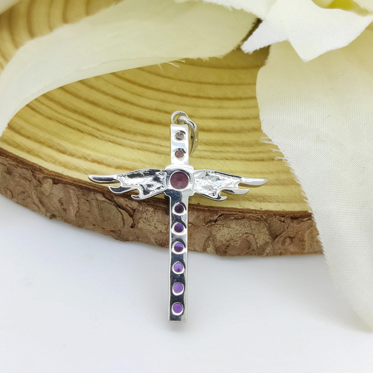 Natural Amethyst Cross Pendant-925 Sterling Silver Jewelry-February Birthstone-Gemstone Feather Pendant-Handmade Jewelry-Gift for Wedding