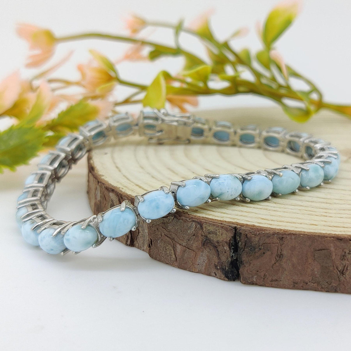 Natural Larimar Tennis Bracelet-6x4mm Oval Gemstone Bracelet-February Birthstone-925 Sterling Silver Jewelry-Blue Larimar Jewelry Gift