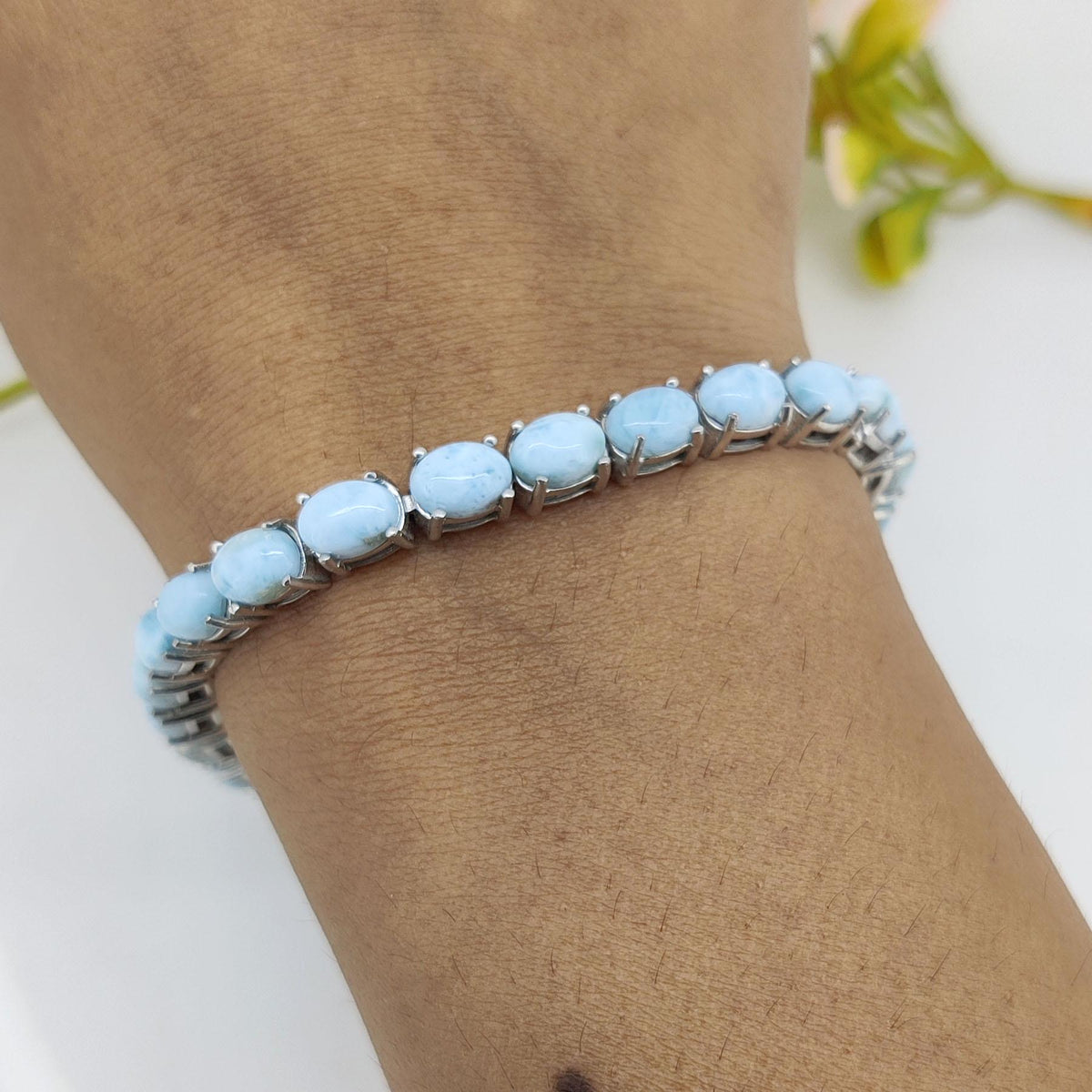 Natural Larimar Tennis Bracelet-6x4mm Oval Gemstone Bracelet-February Birthstone-925 Sterling Silver Jewelry-Blue Larimar Jewelry Gift