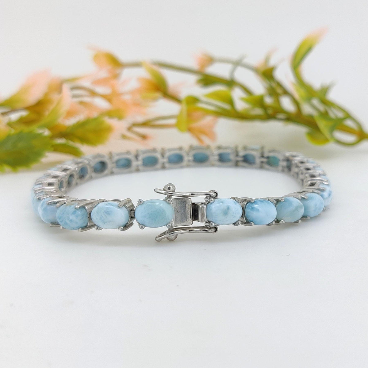 Natural Larimar Tennis Bracelet-6x4mm Oval Gemstone Bracelet-February Birthstone-925 Sterling Silver Jewelry-Blue Larimar Jewelry Gift