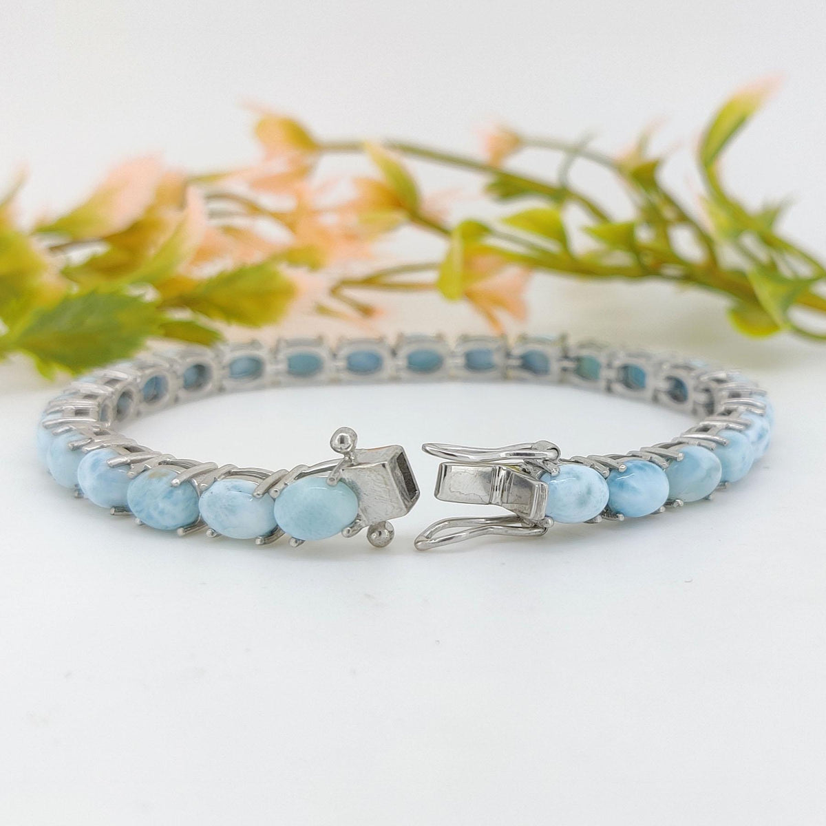 Natural Larimar Tennis Bracelet-6x4mm Oval Gemstone Bracelet-February Birthstone-925 Sterling Silver Jewelry-Blue Larimar Jewelry Gift