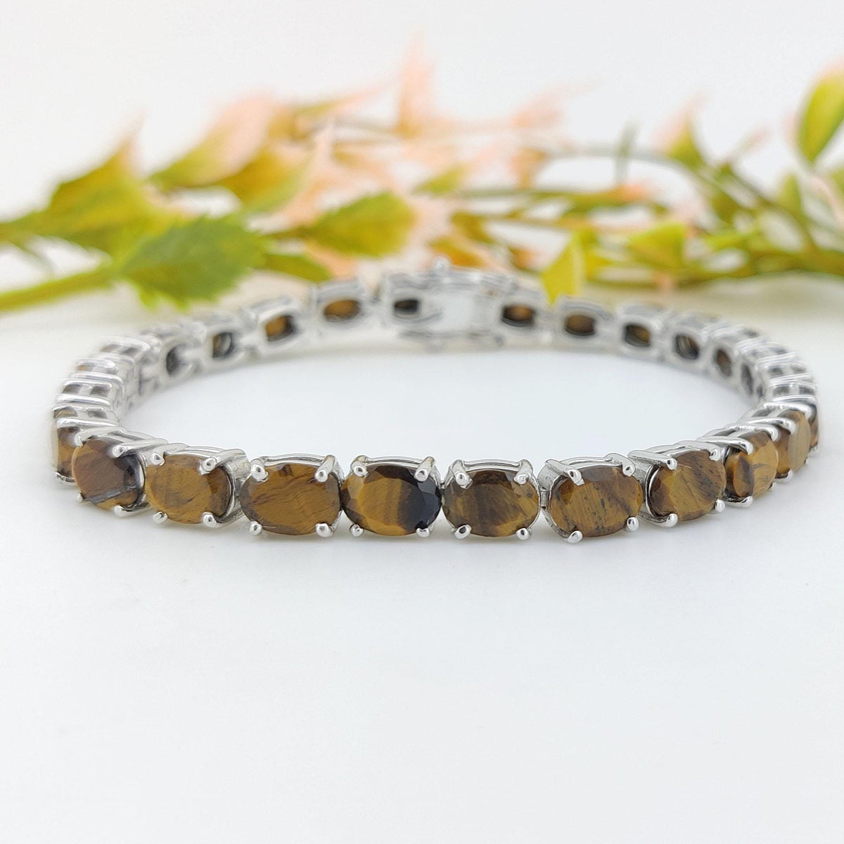 Tiger's Eye Tennis Bracelet: Oval Gemstone, 925 Sterling Silver, November Birthstone