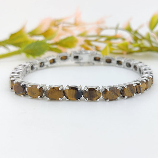 Tiger's Eye Tennis Bracelet: Oval Gemstone, 925 Sterling Silver, November Birthstone