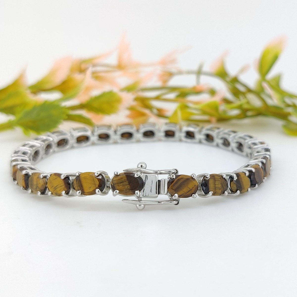 Tiger's Eye Tennis Bracelet: Oval Gemstone, 925 Sterling Silver, November Birthstone